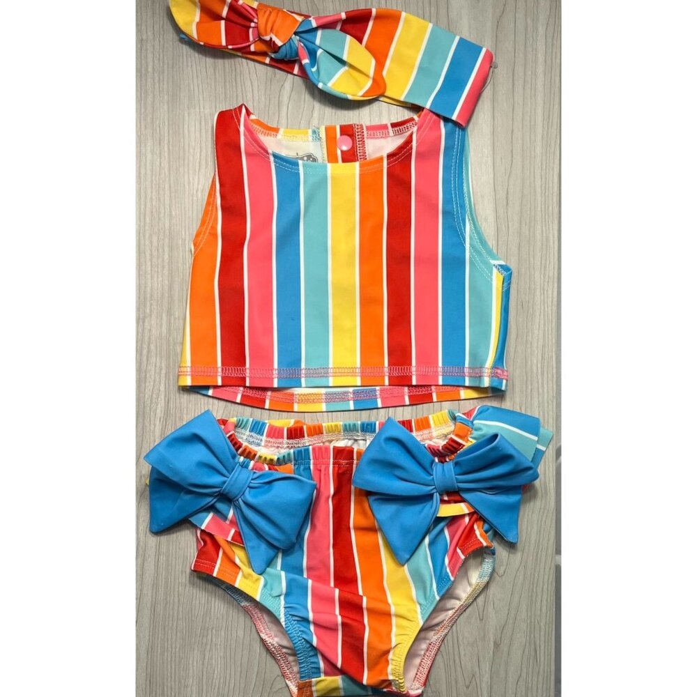 Mud Pie Rainbow Stripe bathing Swim suit tankini Set 12m 18m NWOT headband bows